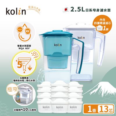Kolin 歌林 2.5L濾水壺(內含四重濾芯*1)+五重淨垢濾芯12入(共1壺13芯/適用Brita)