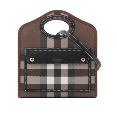 BURBERRY 格紋拼皮革手提/斜背口袋包(Mini)/暗樺木棕色