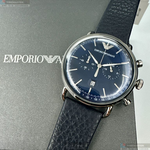 [星晴錶業]ARMANI手錶,42mm,AR00085寶藍色錶面銀錶殼深黑色真皮皮革錶帶款, , large