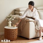原木米白藤編收納床頭櫃 玩具收納筐 手工編織筐 客廳邊几 實木蓋置物籃 床頭櫃 J02FE04, 米白色, large