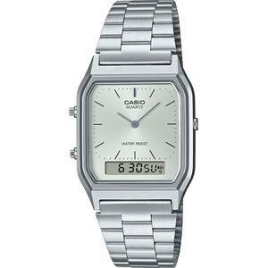 CASIO 卡西歐 學生錶 復刻方型雙顯電子指針手錶 不鏽鋼帶 送禮 禮物 推薦(AQ-230A-7AMQY)