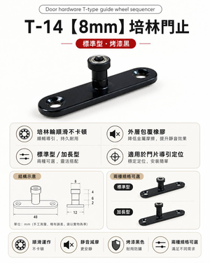 【1955 city】T-14 二分半/8mm 靜音T型培林 上導輪 五金配件  門止 固定輪 2分半 土地公 吊／拉門／櫥衣櫃導輪 止擺器 (標準型-烤漆黑)