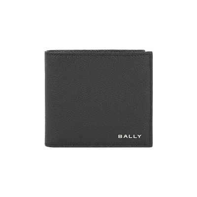 BALLY 銀字Logo 粒紋小牛皮對開零錢袋短夾(黑色)