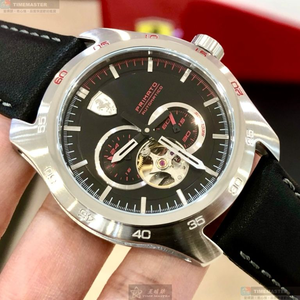 [星晴錶業]FERRARI手錶,44mm,FE00107黑色, 透視錶面銀錶殼深黑色真皮皮革錶帶款