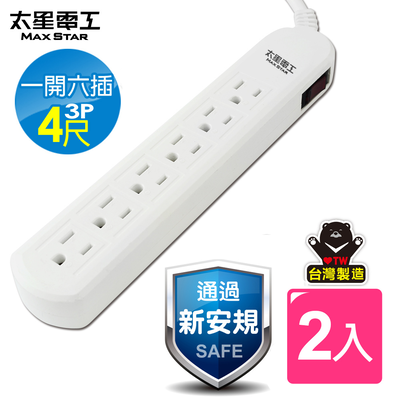 【太星電工】電腦線 一開六插延長線/3P 15A 4尺(美插頭)-2入