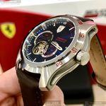 [星晴錶業]FERRARI手錶,44mm,FE00109寶藍色錶面黑錶殼咖啡色真皮皮革錶帶款, , large