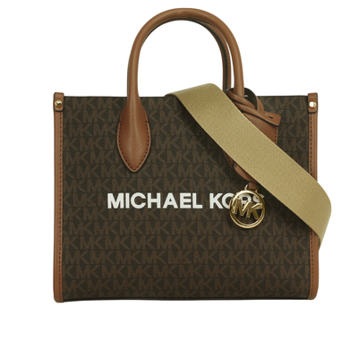 Michael Kors Mirella 滿版塗層帆布尼龍寬背帶小款二用托特包/棕色