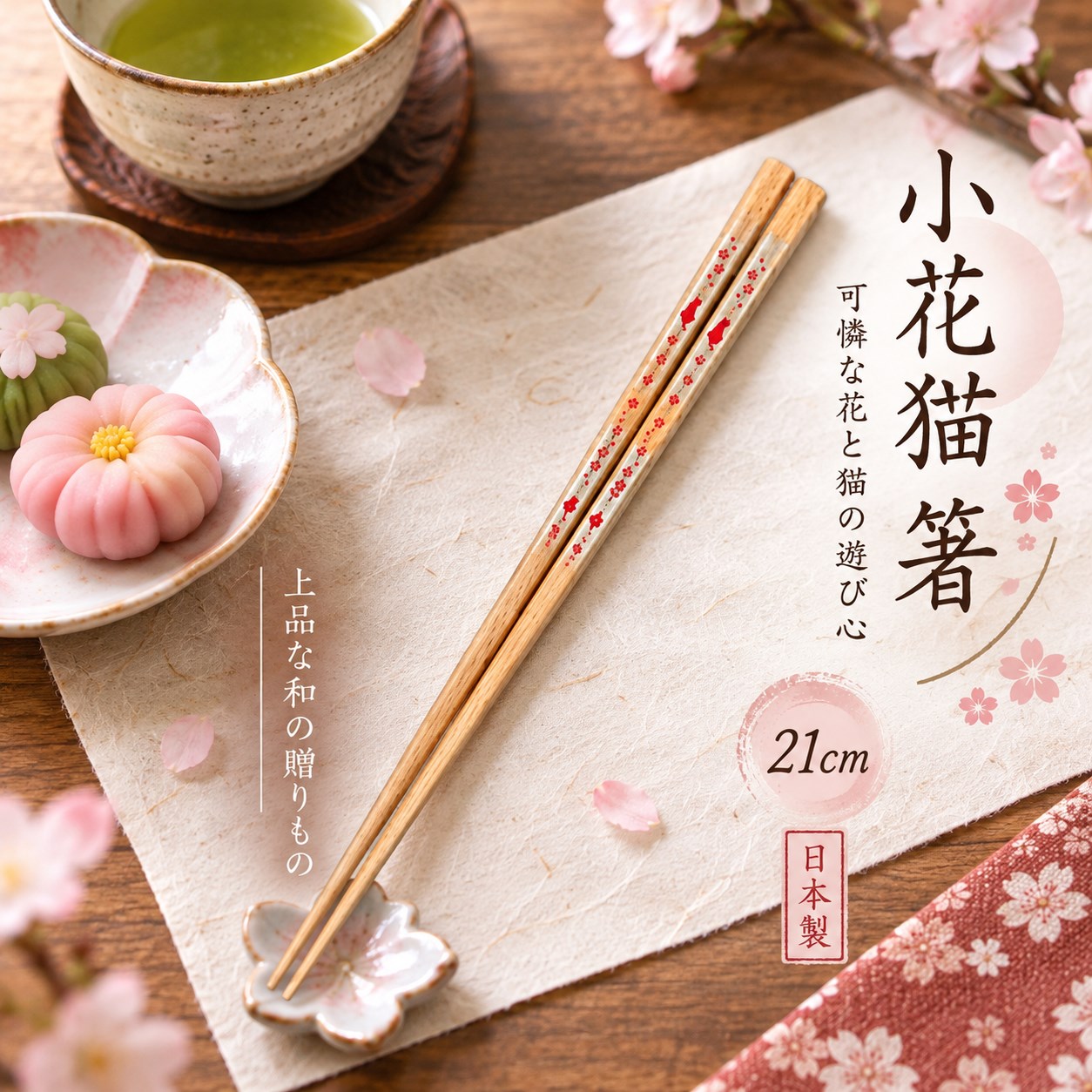 【HIYASU日安工坊】日本工藝箸-小花貓 紅 21cm, , large