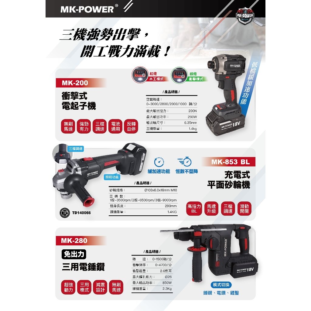 WIN五金 期間限定18V 萬用三機組 MK853+MK280+MK200 三電一充 起子機+三用槌鑽+砂輪機, , large