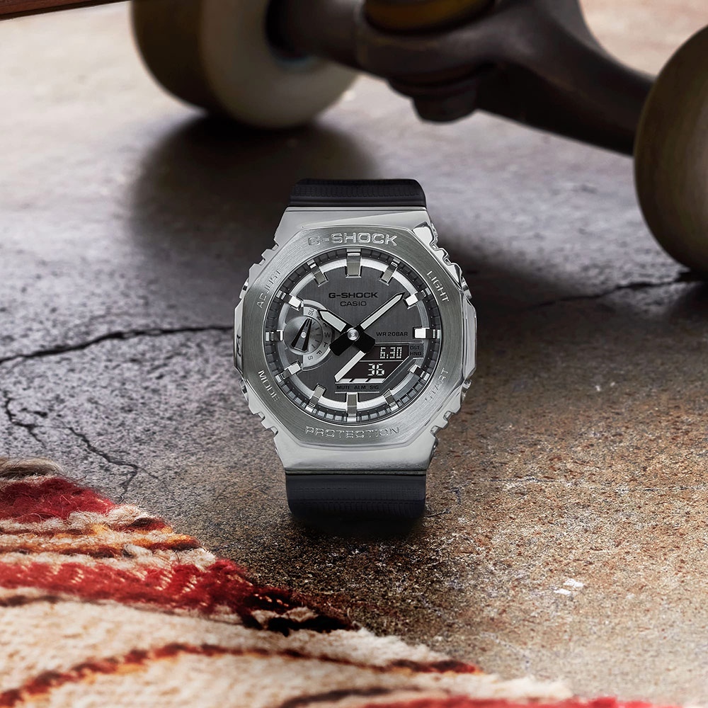CASIO 卡西歐 G-SHOCK 八角 金屬錶殼 雙顯手錶-百搭銀灰 GM-2100-1A, , large