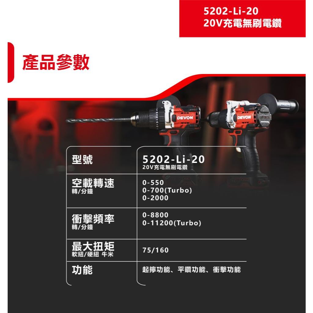 WIN五金 DEVON 大有 20V無刷三用震動電鑽 <5202-Li-20+4.0電池組> 160Nm Turbo模式 板模電鑽, , large