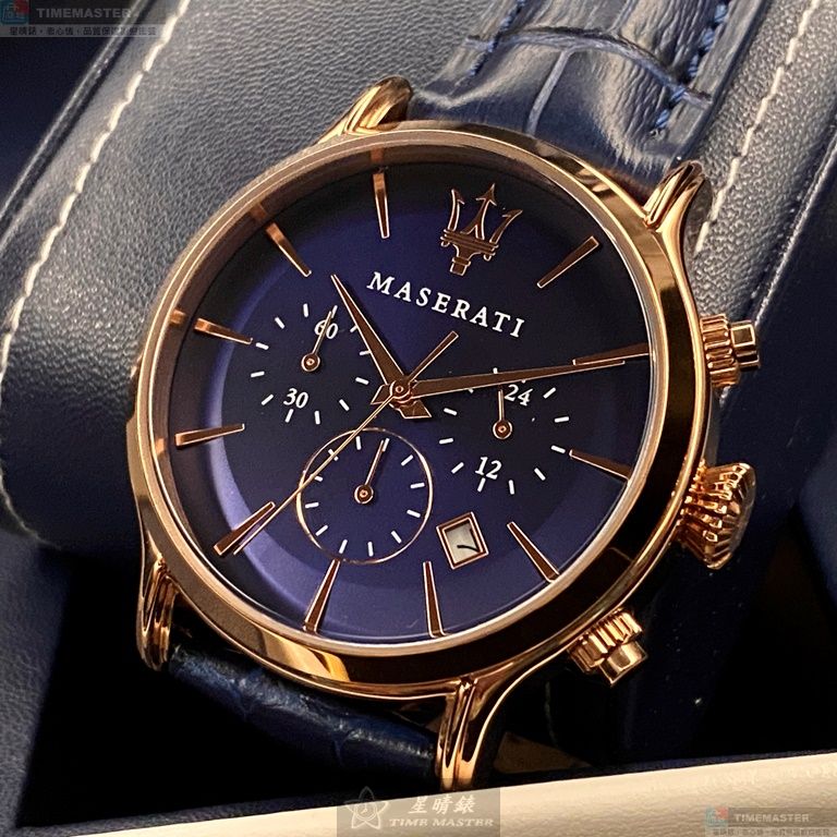 [星晴錶業]MASERATI手錶,42mm,R8871618007寶藍色錶面玫瑰金錶殼寶藍真皮皮革錶帶款, , large