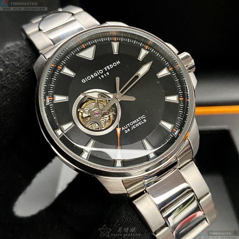 [星晴錶業]GiorgioFedon1919手錶,46mm,GF00109黑色雙面機械鏤空錶面銀錶殼銀色精鋼錶帶款, , large