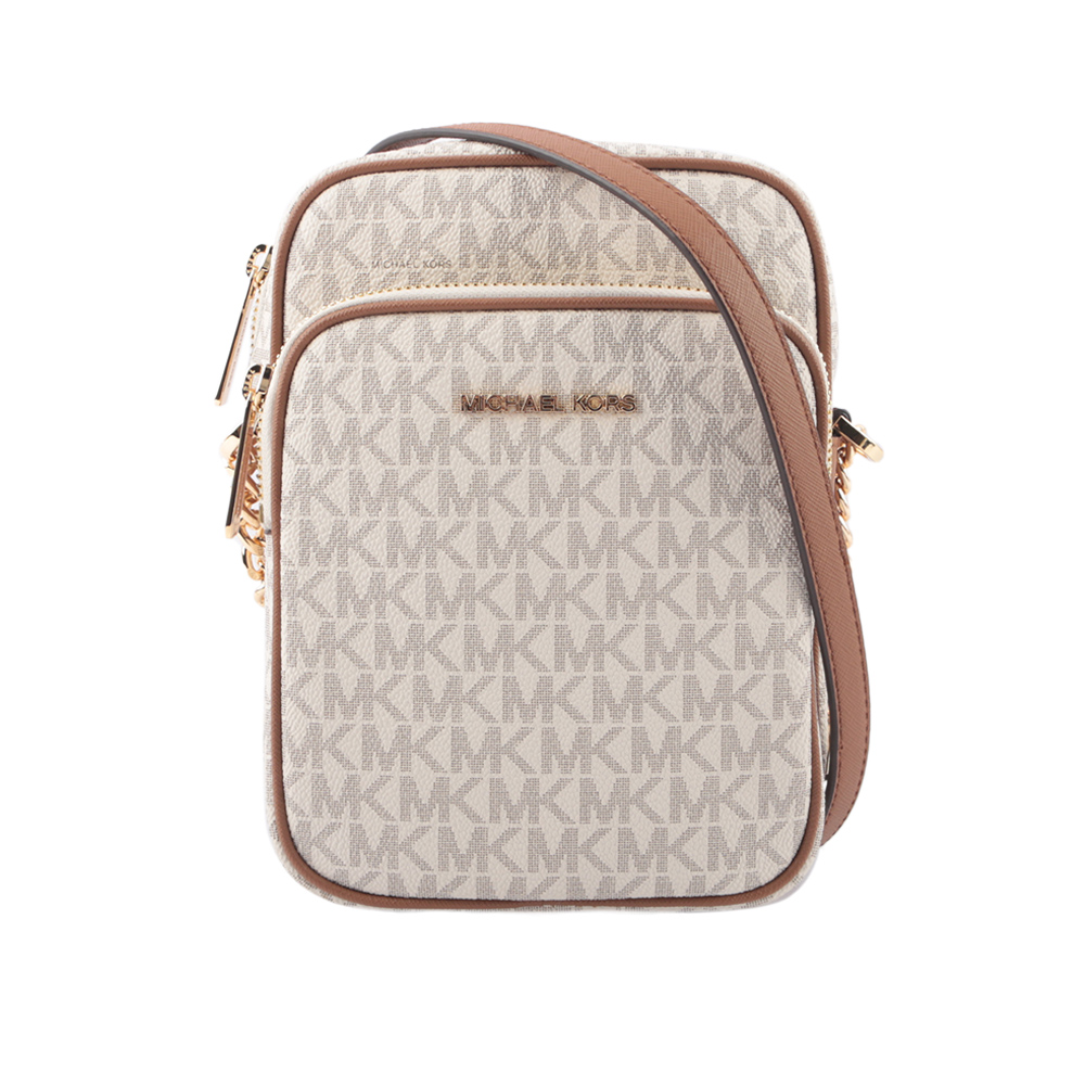 Michael Kors 金字滿版塗層帆布拉鍊中款直式斜背包/香草色, , large