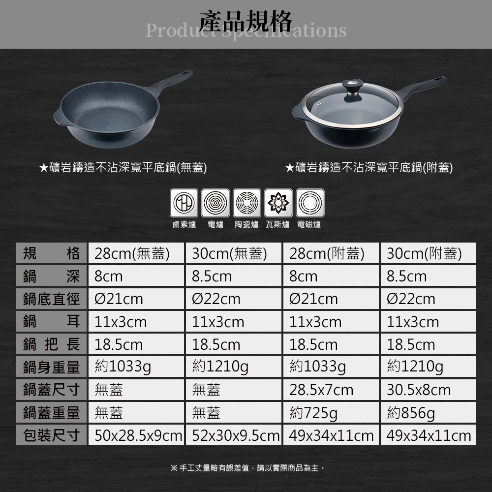 Miyaco 米雅可 礦岩鑄造不沾深型平底鍋平煎鍋IH無蓋附蓋 無蓋30cm-Leidea樂德兒, , large