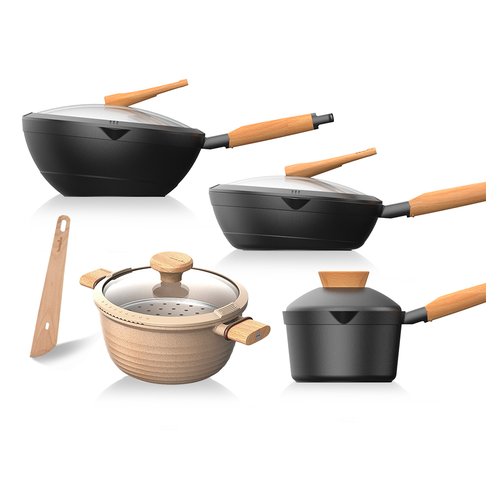 【Taste Plus】悅味 鑽石塗層 炒鍋+煎鍋+奶鍋+湯鍋 四件組 IH全對應設計(贈鍋蓋+蒸盤+木鏟), , large