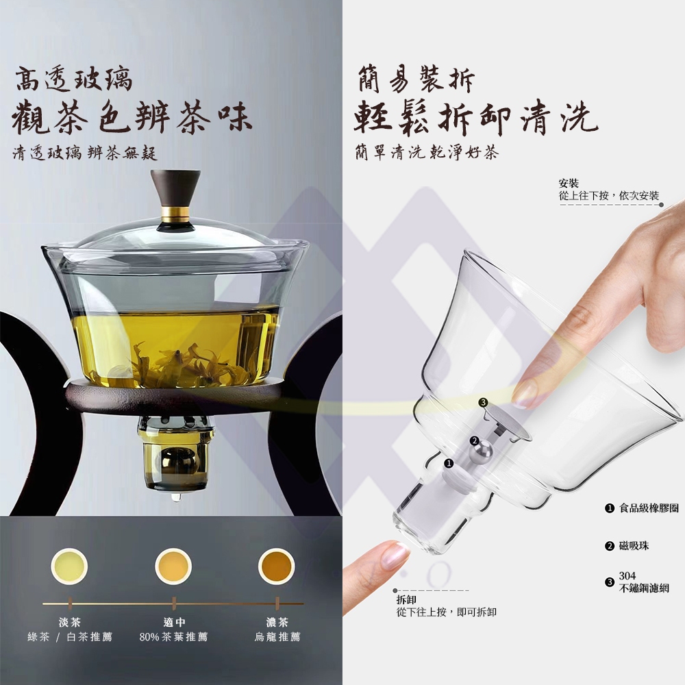 【禾統】自動磁吸泡茶組/含茶杯6入組(高硼矽玻璃壺 功夫茶具 磁吸茶壺 家用茶壺 泡茶組 茶具組), , large