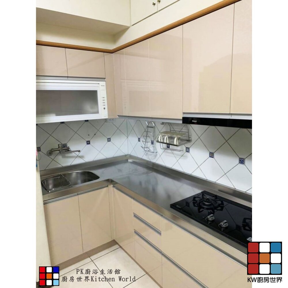 【KW廚房世界】系統廚具 廚房設計 客製化 廚櫃 工廠直營 L型流理台 242公分 美耐門板 搭林內牌排油煙機 瓦斯爐, , large