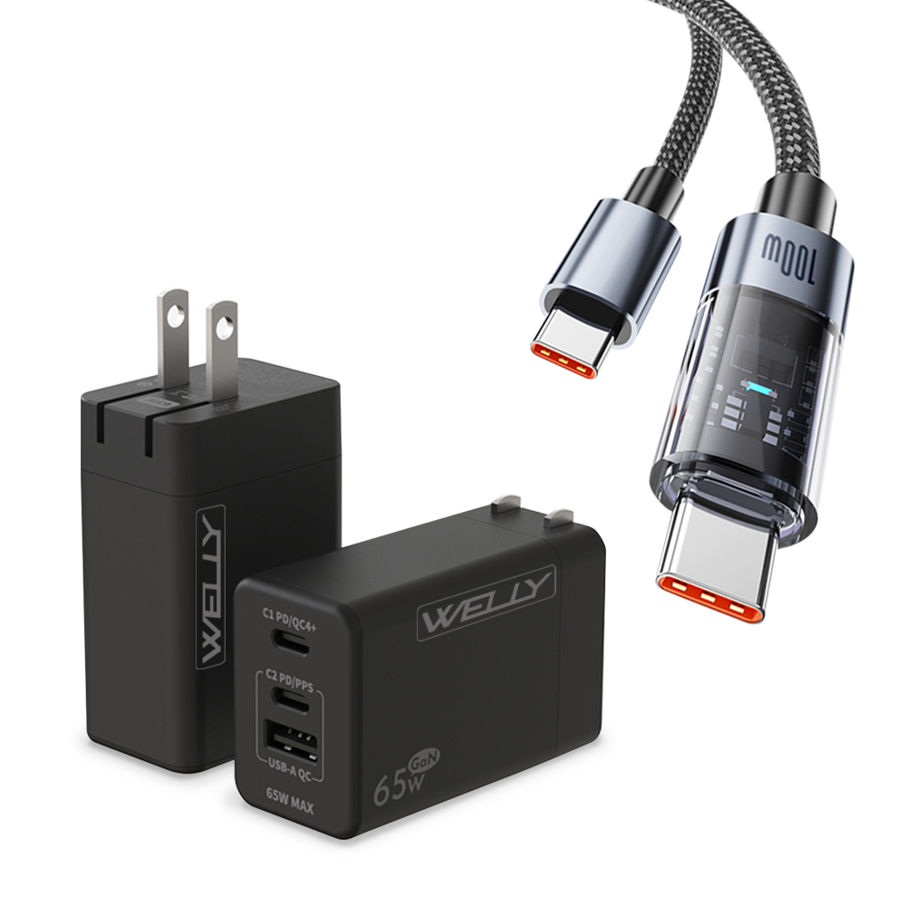 100W 極光芯 Type-C to Type-C 耐拉傳輸充電線+65W氮化鎵GaN 三孔極速充電器, , large