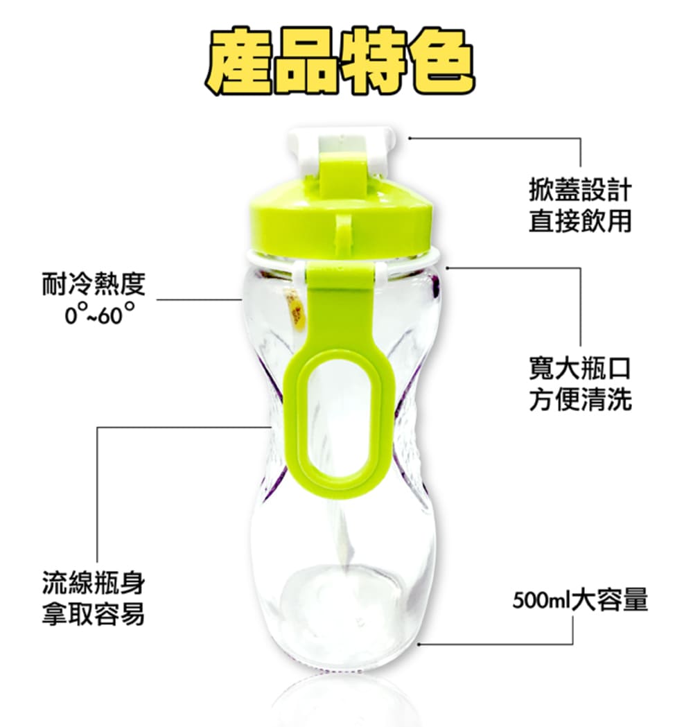 GS MALL 台灣製造 一入 流線玻璃瓶 500ml R-300 流線玻璃瓶 玻璃瓶 流線瓶 水瓶 水杯, , large