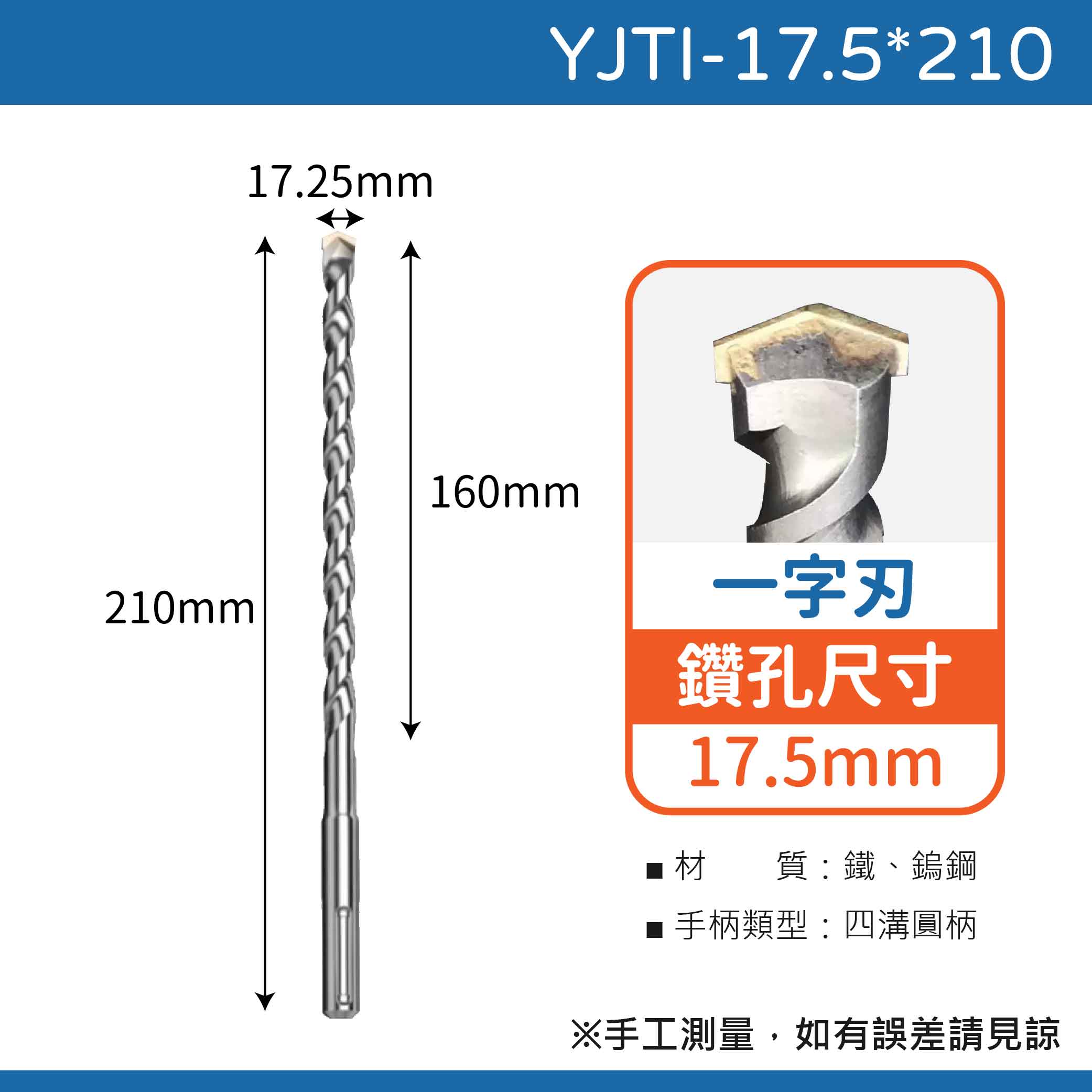 鉅玉經典｜TIGER虎牌  一字刃四溝水泥鑽尾 YJTI-17.5*210, , large