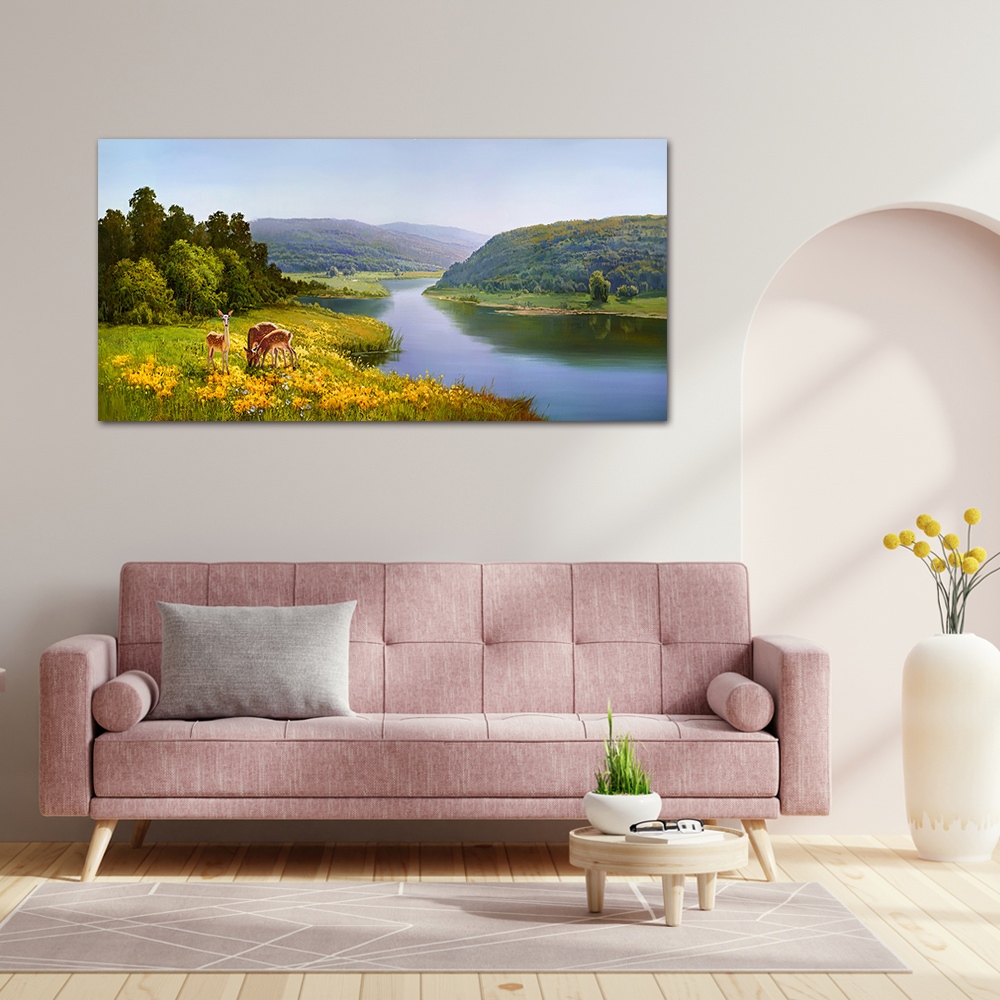 【御畫房】湖畔小鹿 國家一級畫師手繪油畫60&times;120cm(VF-120), , large