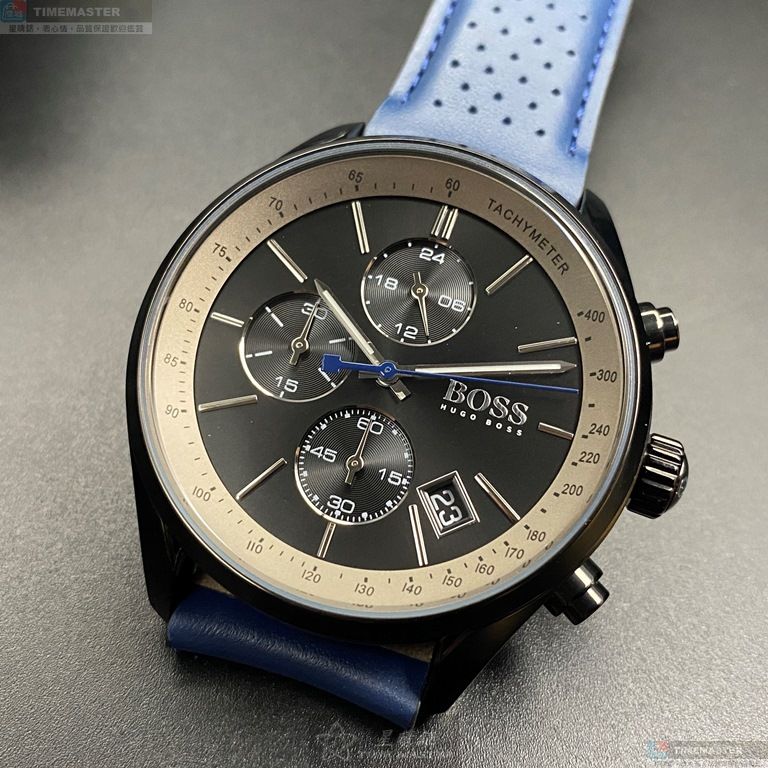[星晴錶業]BOSS手錶,44mm,HB1513563鐵灰錶面黑錶殼寶藍真皮皮革錶帶款, , large