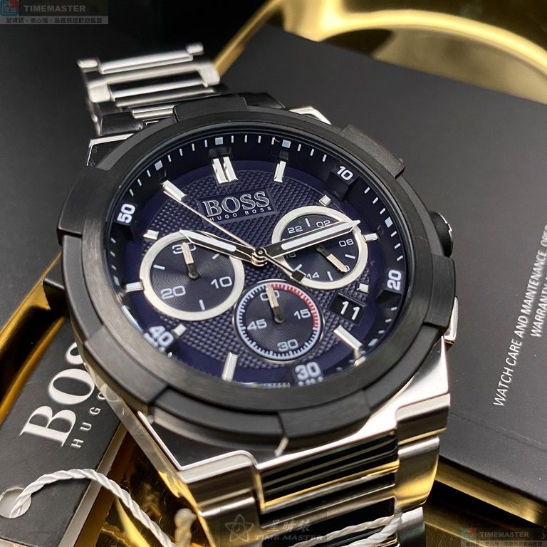 [星晴錶業]BOSS手錶,46mm,HB1513360黑色錶面黑銀錶殼銀色精鋼錶帶款, , large