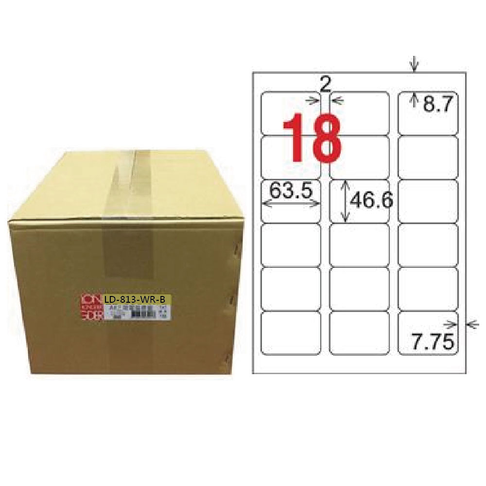 【龍德】LONGDER三用電腦標籤A4 18格 圓角46.6*63.5mm可再貼1000張/箱 LD-813-WR-B(適用雷射、噴墨、影印), , large
