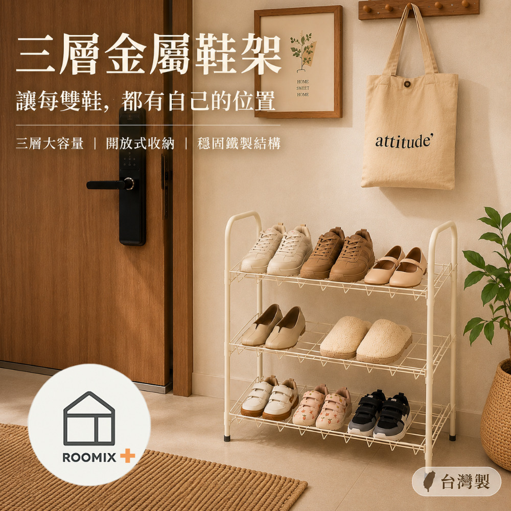 【金漢揚實業有限公司】三層金屬鞋架【玄關收納】台灣製 白色開放式鞋架 小空間鞋櫃 多功能置物架 租屋必備 DIY組裝, , large
