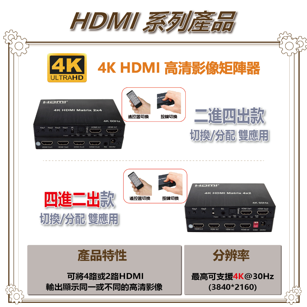 昌運監視器 HD-MT402-4K 4K HDMI四進二出矩陣器 可將2路HDMI輸出顯示同一或不同的高清影像, , large