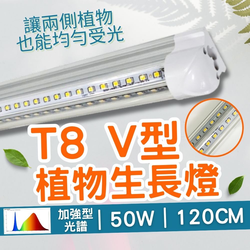 【君沛】V型雙排 4呎 T8一體式植物燈 50W 旗艦功率 加強型光譜 抑制徒長 龍舌蘭 食蟲植物 大型層架補光 免燈座, , large