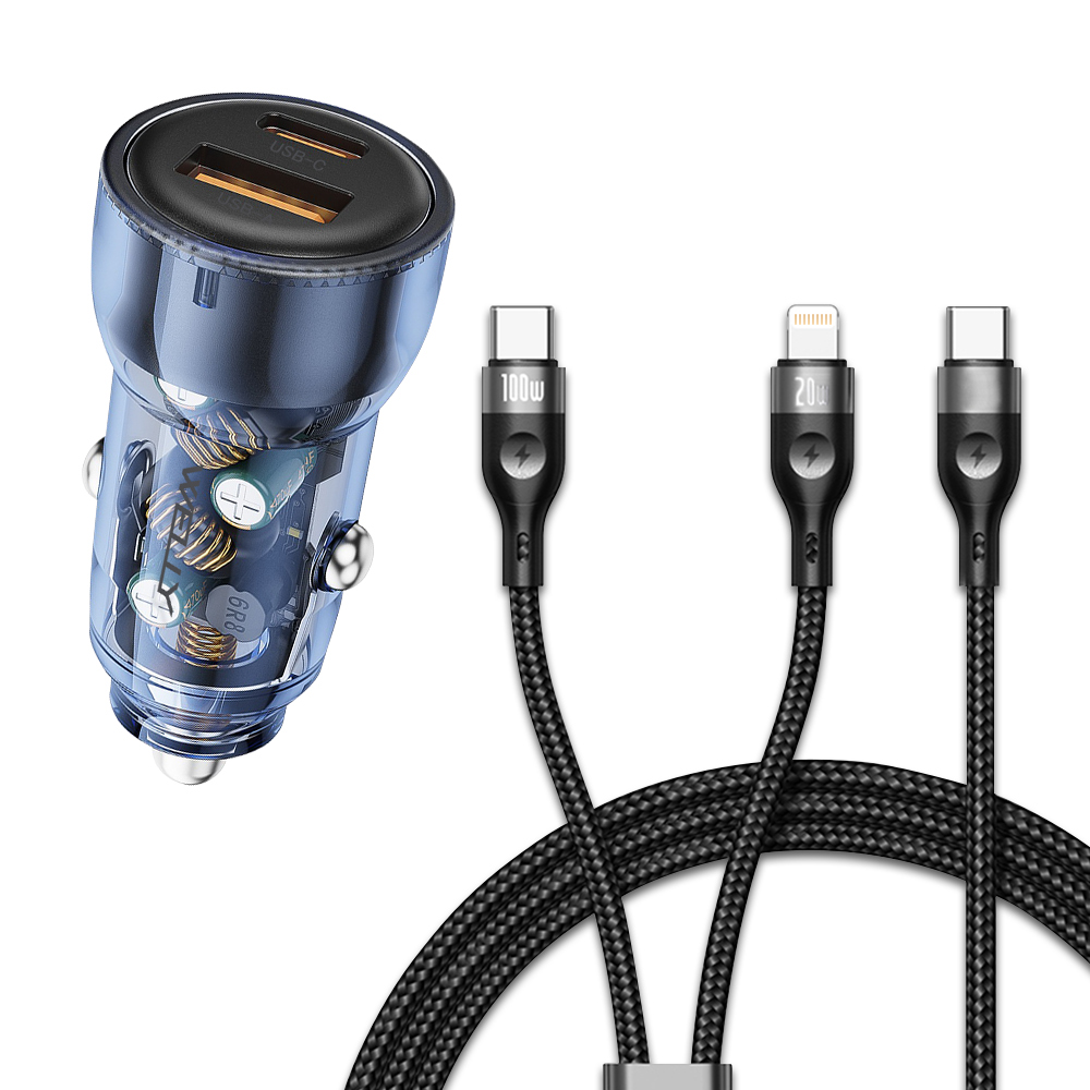 100W 一拖二 Type-C to Type-C+Lightning 超大功率編織快充線+PD60W 速充雙孔車充頭, , large