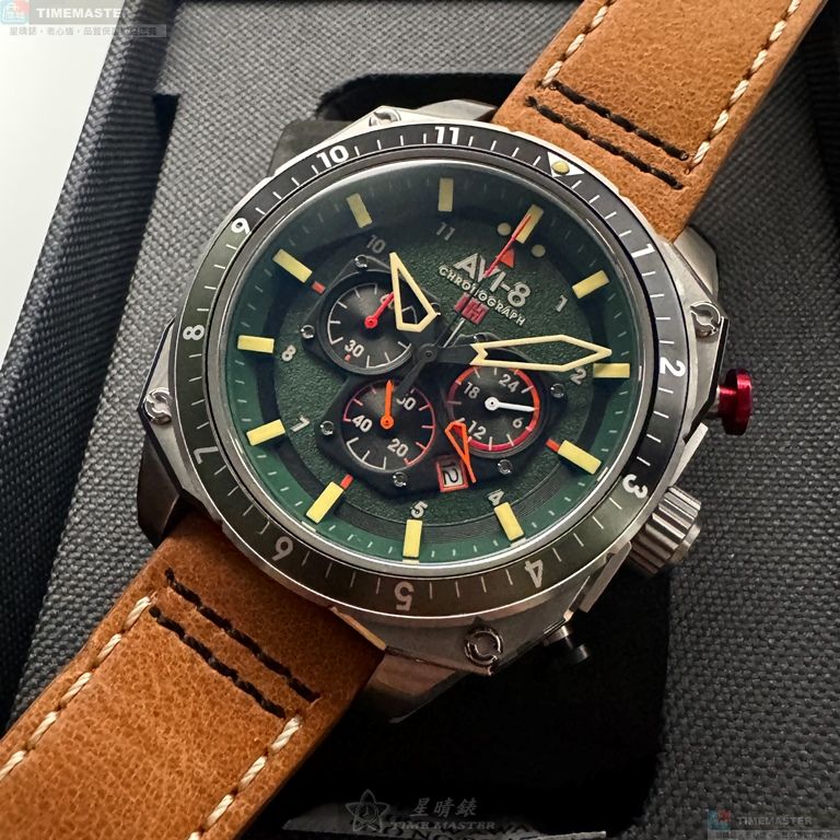 [星晴錶業]新品牌手錶,44mm,AV52111墨綠色錶面銀錶殼咖啡色真皮皮革錶帶款, , large