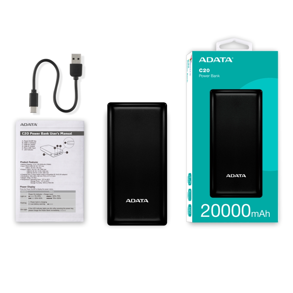 【ADATA 威剛】C20 黑色 20000mAh 行動電源 簡約設計 輕便攜 QC/PD 快充, , large