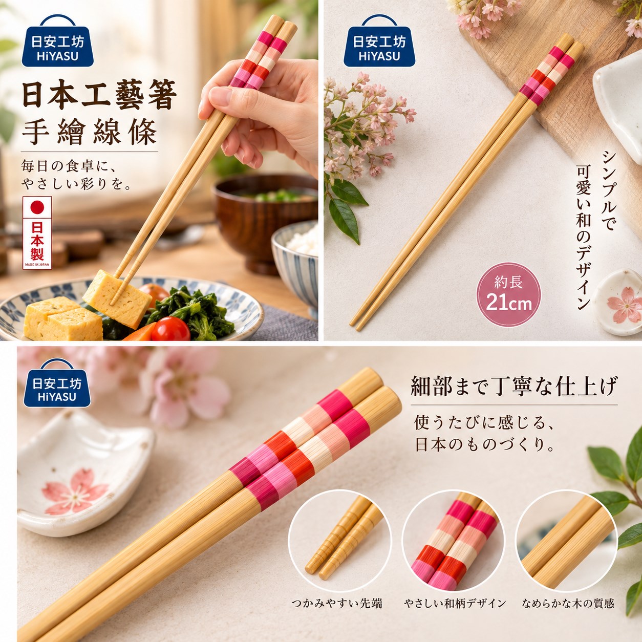 【HIYASU日安工坊】日本工藝箸-手繪線條 21cm, , large