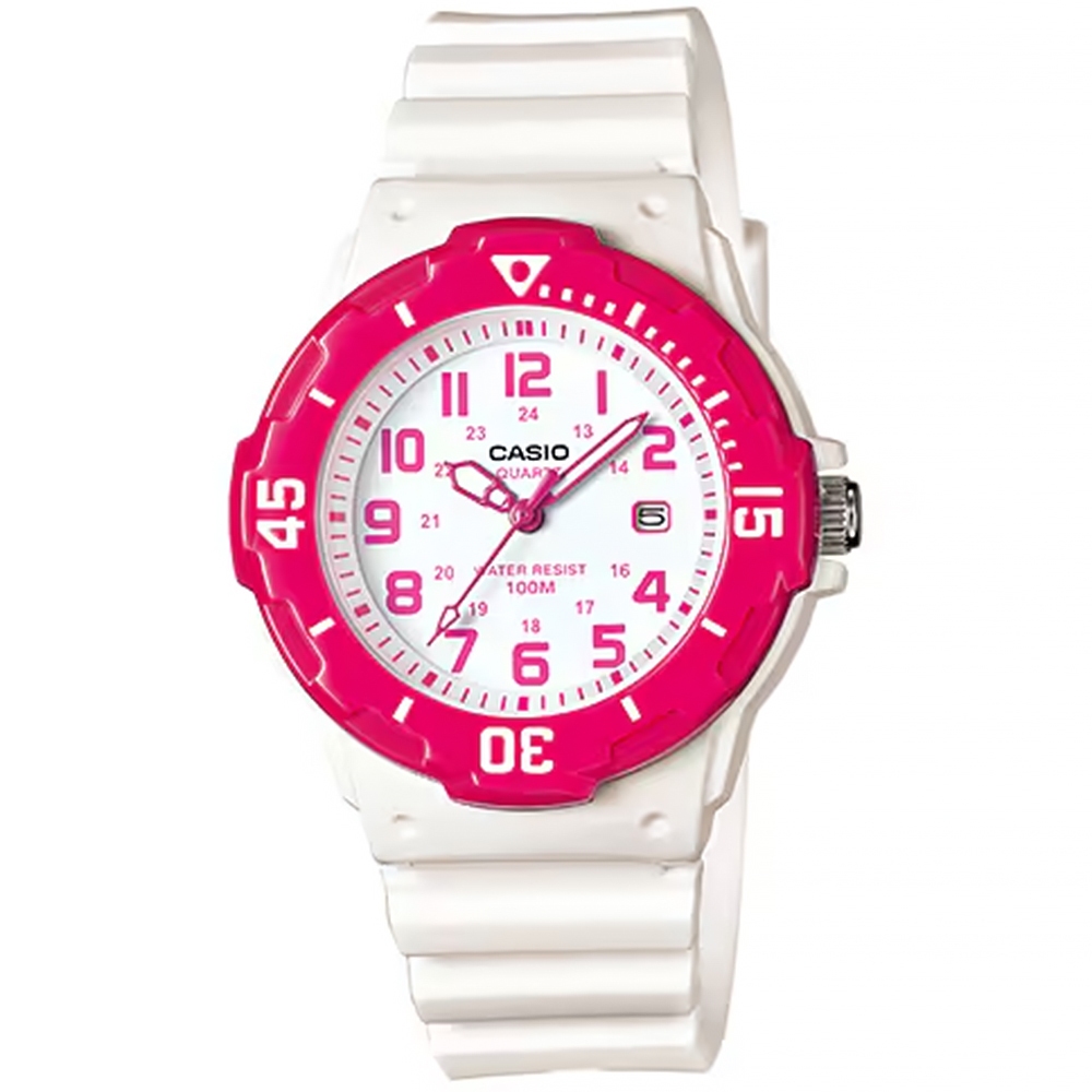 CASIO 卡西歐 迷你運動風指針手錶-桃紅x白 LRW-200H-4BV, , large