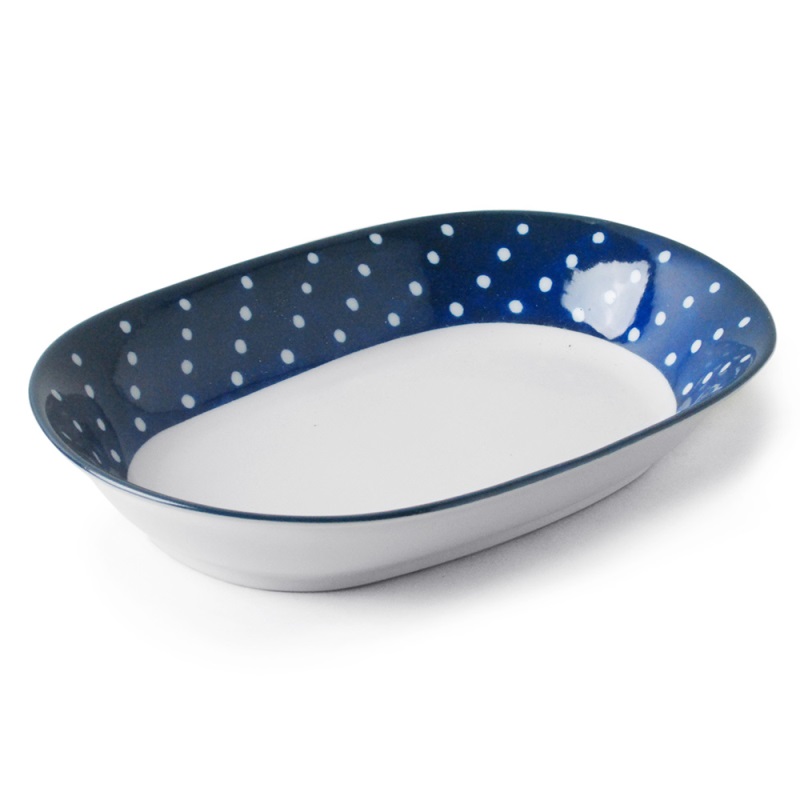 [豐名日本餐具] 9.0"輕量橢圓盤 藍底白水玉 有田燒 / C09PL2-130-EB, , large