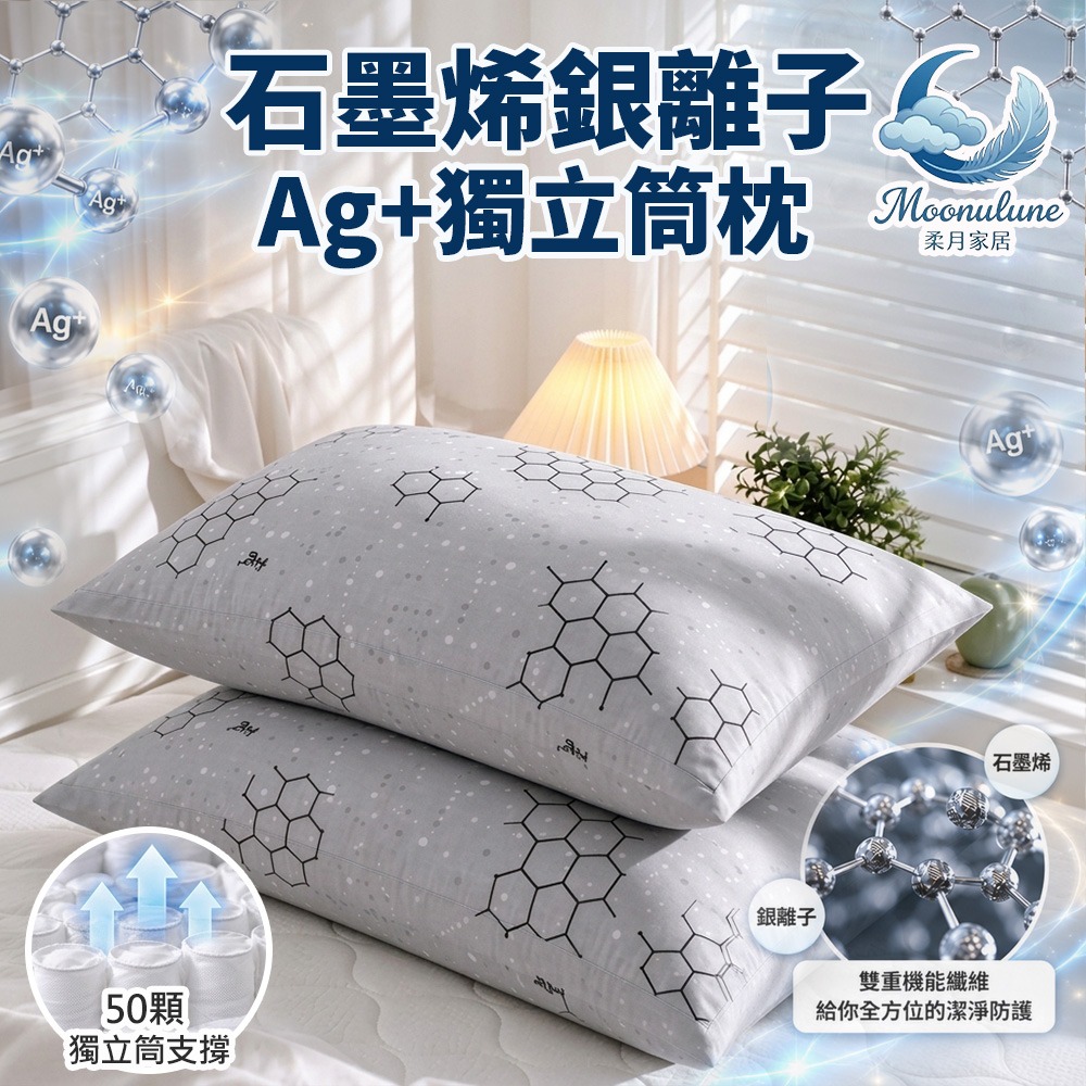 【Moonulune 柔月家居】買1送1 台灣製雙效科技石墨烯銀離子Ag+釋壓獨立筒枕(枕頭/彈力枕/透氣枕), , large