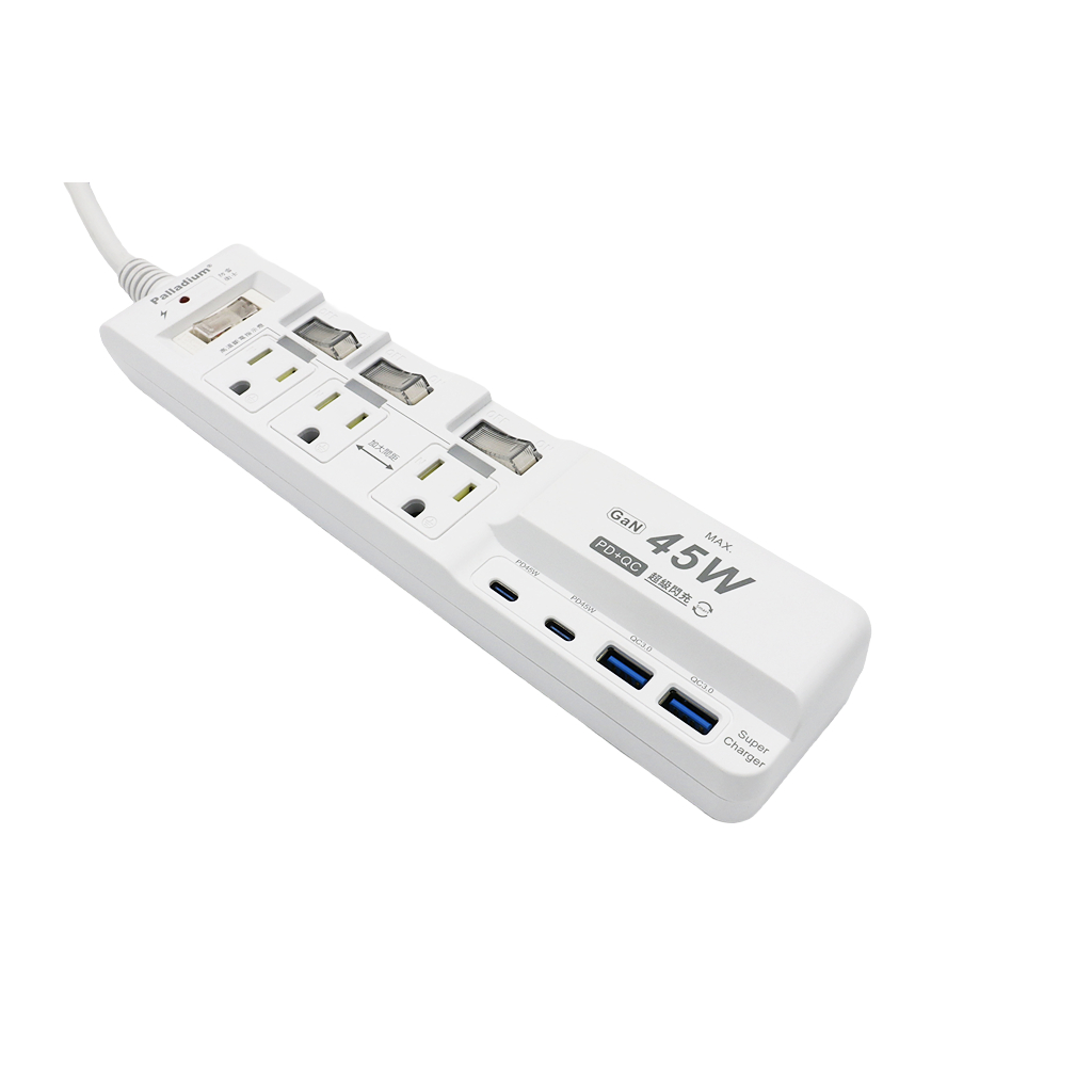 【Palladium】 氮化鎵GaN 4開3插3P 45W 智能USB超級閃充延長線 C-67PLC, , large