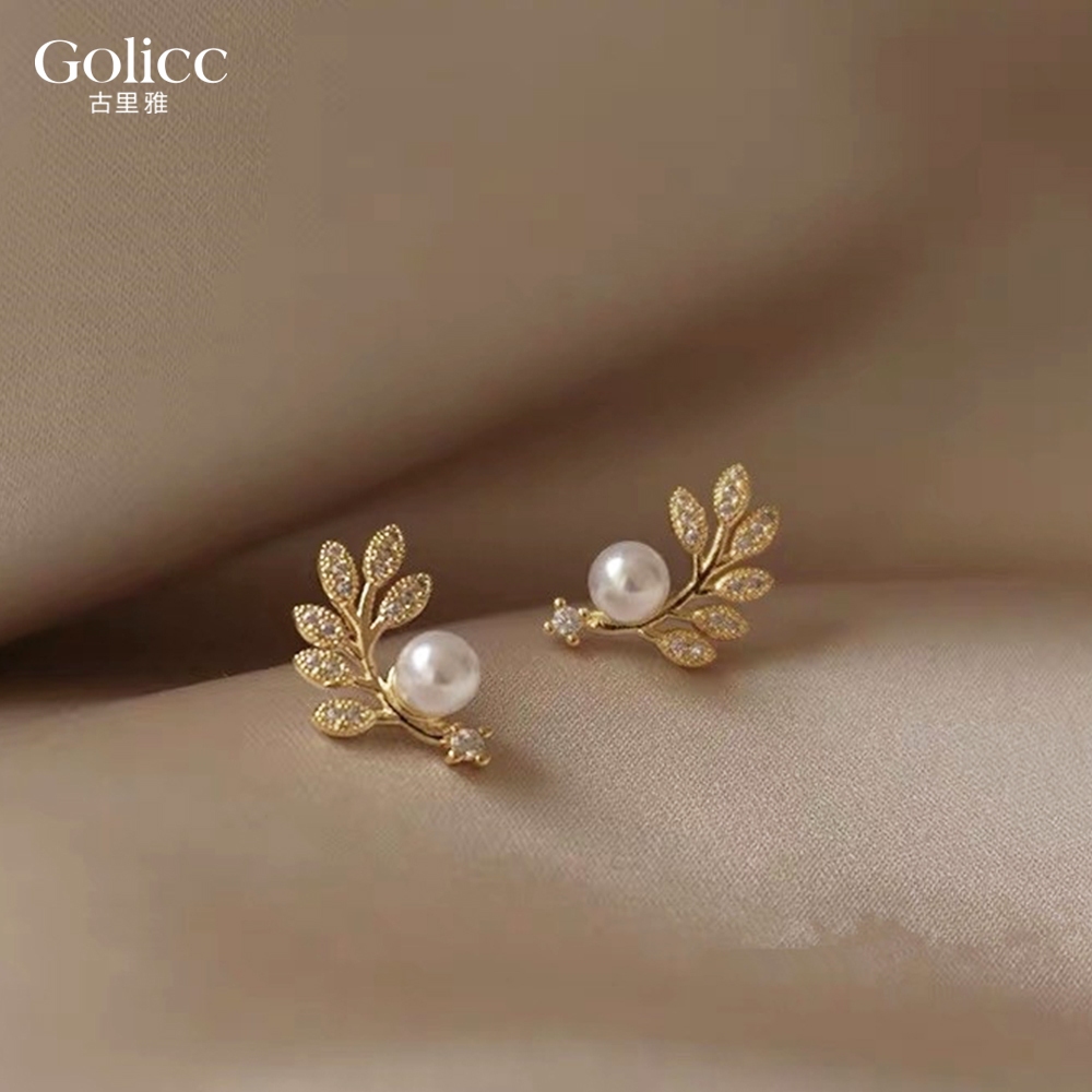 【Gulicc】古莉可 耳環 輕奢 金色樹葉 珍珠耳環, , large