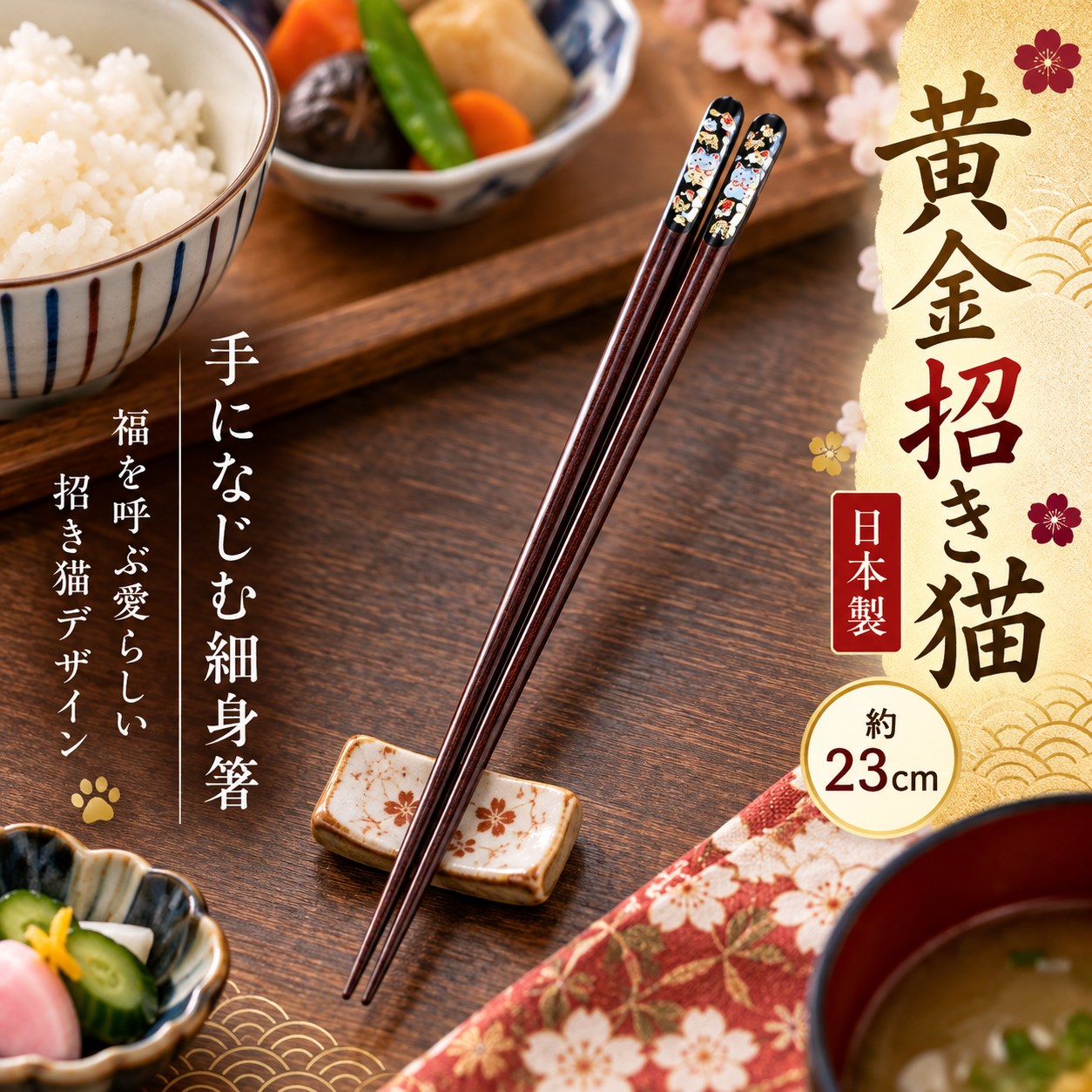 【HIYASU日安工坊】日本工藝箸-黃金招財貓 23cm, , large