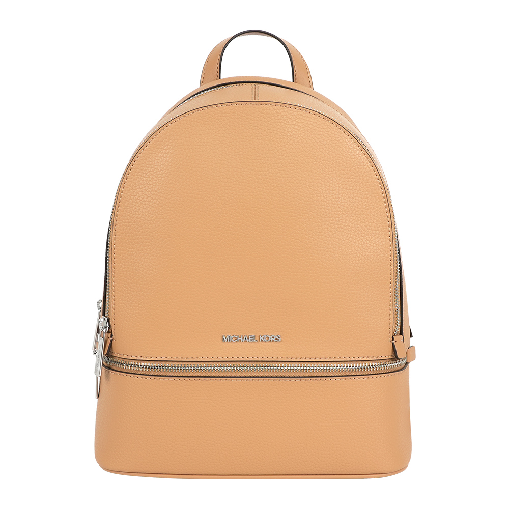 Michael Kors Rhea 銀字粒紋皮革拉鍊中款後背包(花生棕), , large