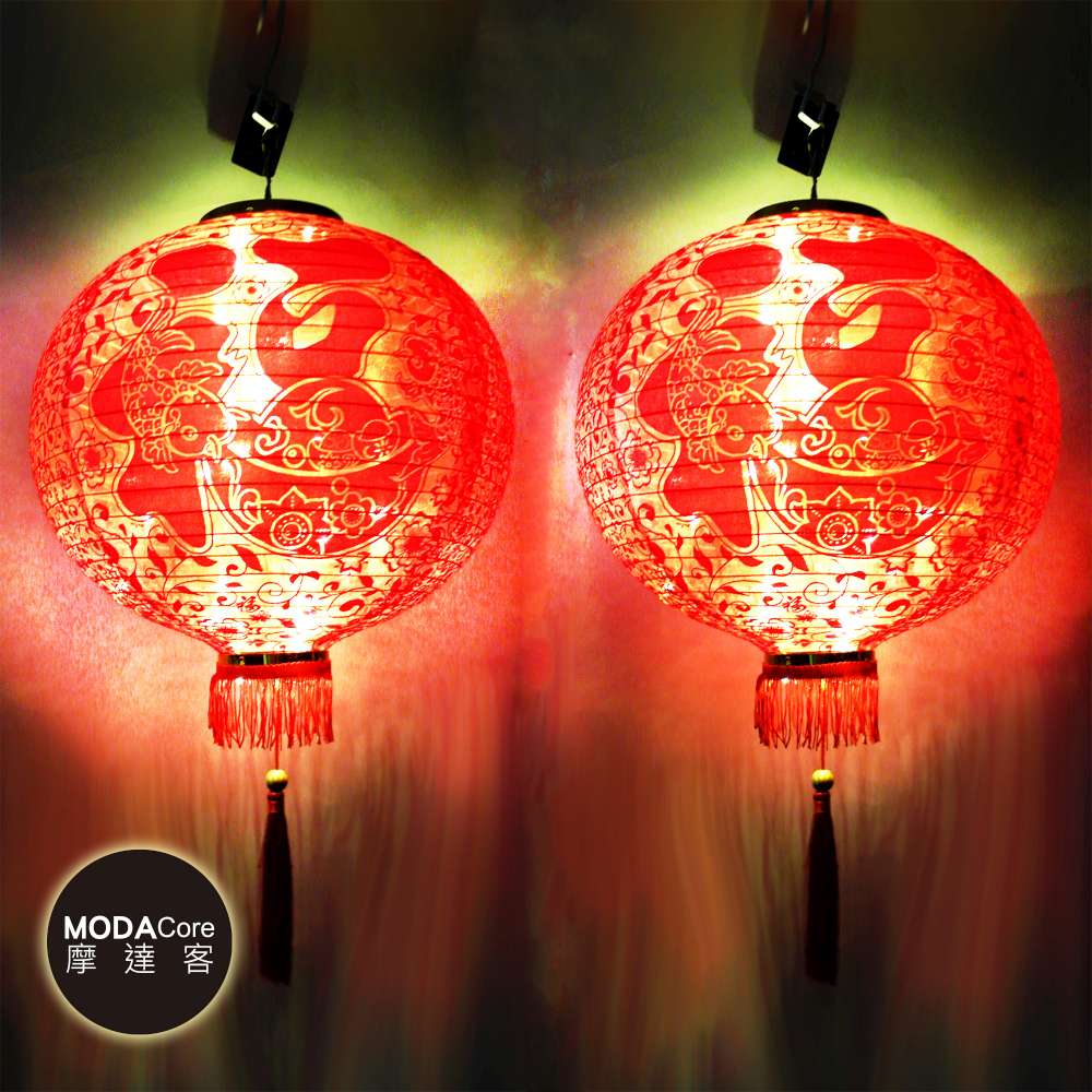 摩達客◉農曆春節元宵◉24吋植絨魚福紅燈籠(一組兩入)+LED50燈插電式燈串暖白光(附IC控制器), , large