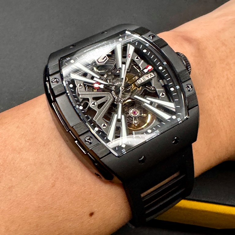 [星晴錶業]GEYA手錶,48mm, 52mm,G78130GWKK雙面機械鏤空錶面黑錶殼深黑色矽膠錶帶款, , large