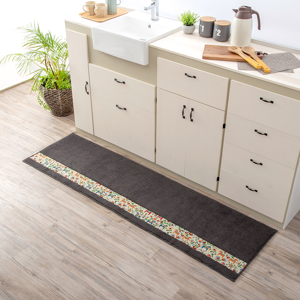 【HASHIZUME】Japan-Made Antibacterial & Deodorant Kitchen Mat 50&times;150cm &ndash; Dark Gray (Nordic-Style Lucky Horse / Non-Slip Design / Machine-Washable), , large