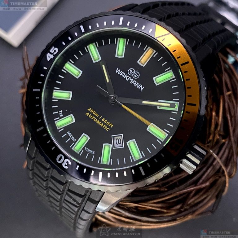 [星晴錶業]WAKMANN手錶,42mm,WA00033黑色錶面黑錶殼深黑色矽膠錶帶款, , large
