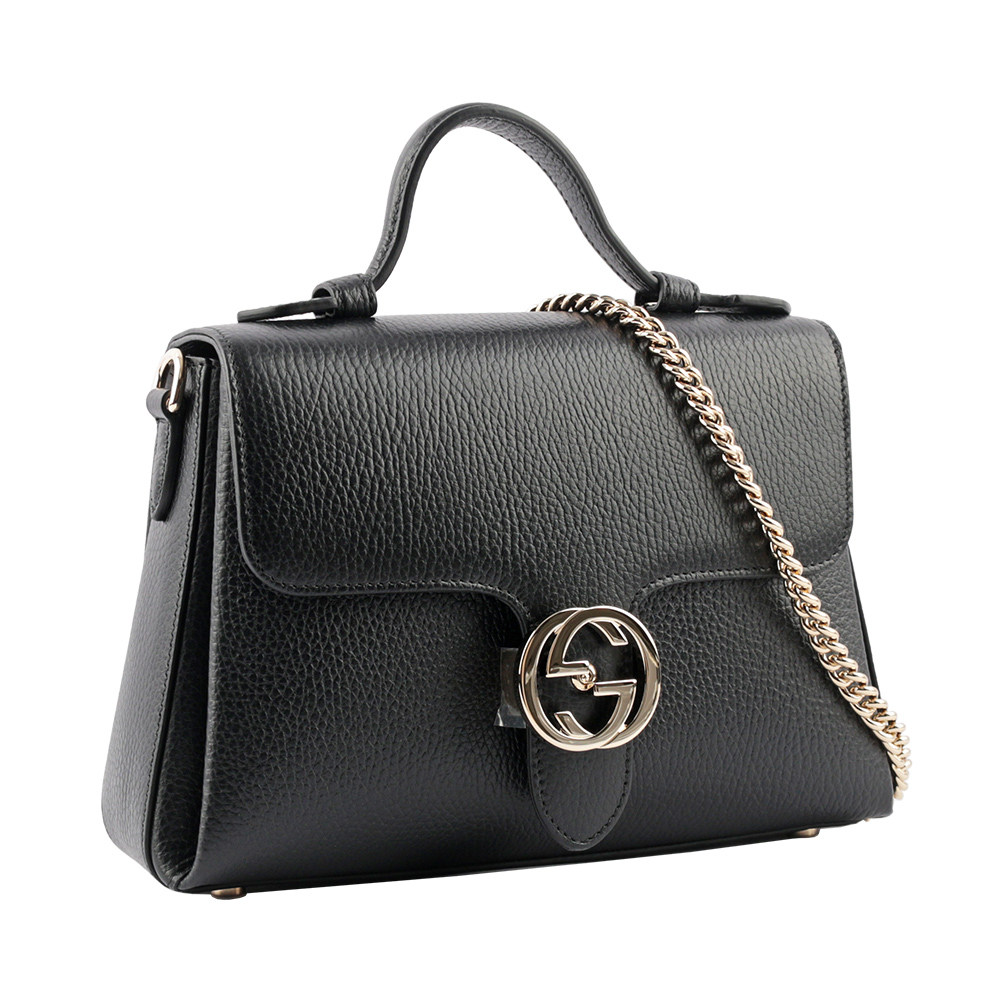 GUCCI 金屬雙G Logo 荔枝皮革梯形二用鍊包/黑色, , large