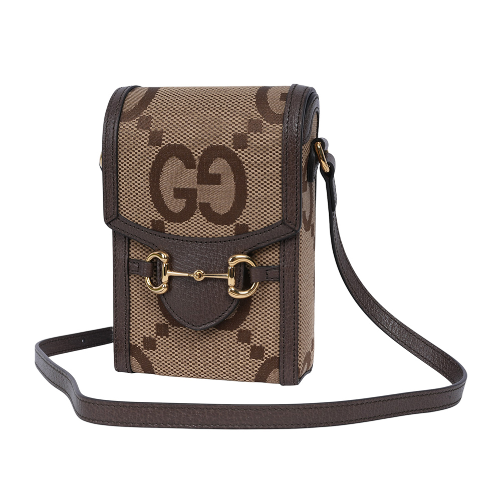 GUCCI Horsebit 1955 Jumbo GG 標誌緹花手機斜背包/棕色, , large