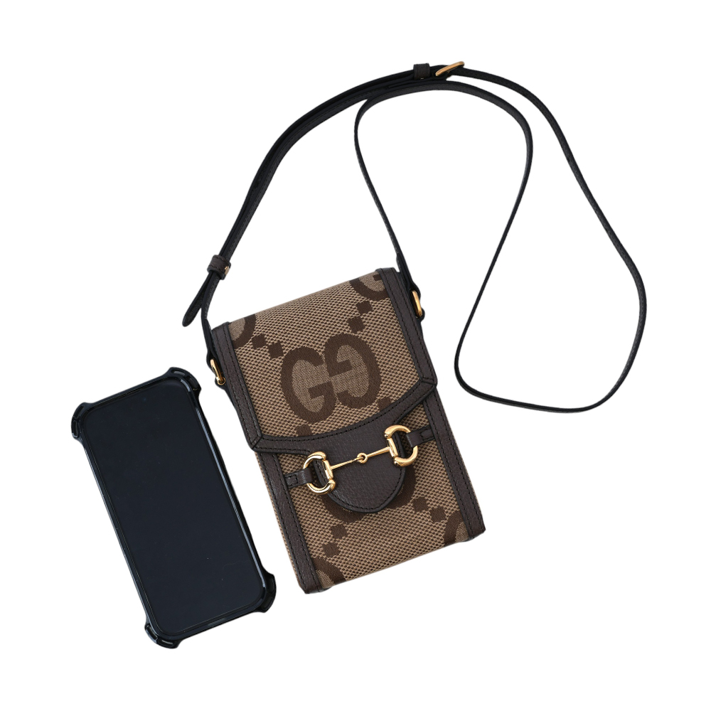 GUCCI Horsebit 1955 Jumbo GG 標誌緹花手機斜背包/棕色, , large